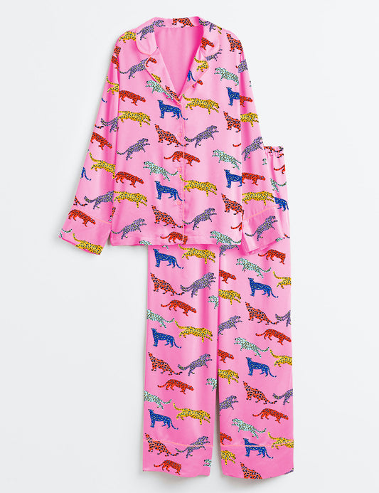 Women's Pink Cheetah Print Long Sleeve Satin Pajama Set