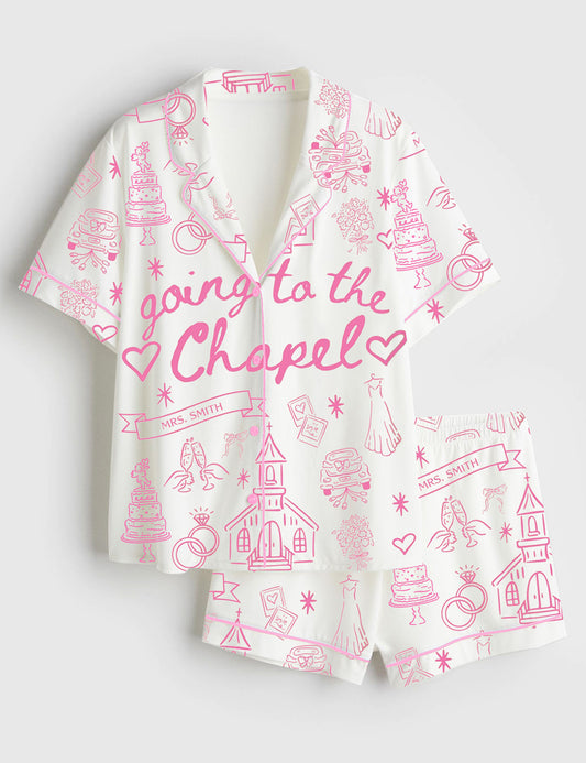 Women’s Going To The Chapel Gonna Get Married Coquette Wedding Bride Short Sleeve Satin Pajama Set