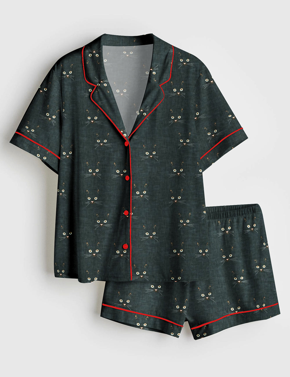 Women’s Noir Cat Face (black) Short Sleeve Satin Pajama Set