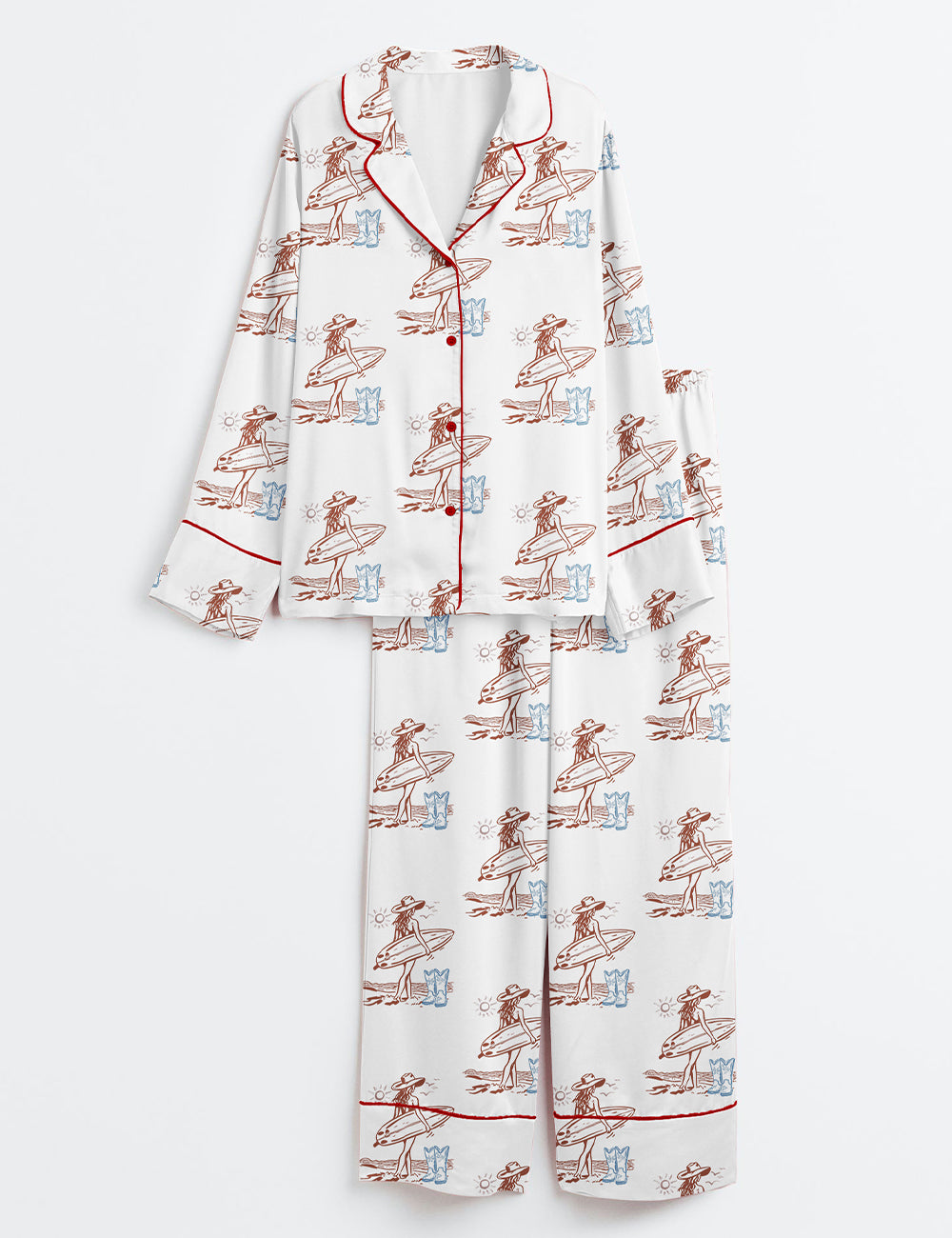 Women’s Stay Salty Coastal Cowgirl Fisherman Aesthetics Summer Ocean Surfboard Print Long Sleeve Satin Pajama Set