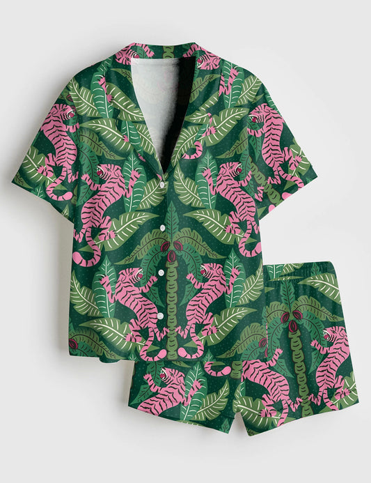 Women’s Green And Pink Tiger Watercolor Girly Tiger Print Short Sleeve Satin Pajama Set