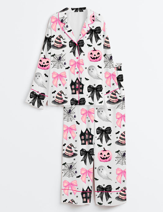 Women’s Halloween Pumpkin Pink Bows Spooky Spiders Ghost Haunted House Long Sleeve Satin Pajama Set