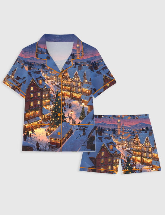 Women's Christmas In New York Night Short Sleeve Pocket Cotton Pajama Set