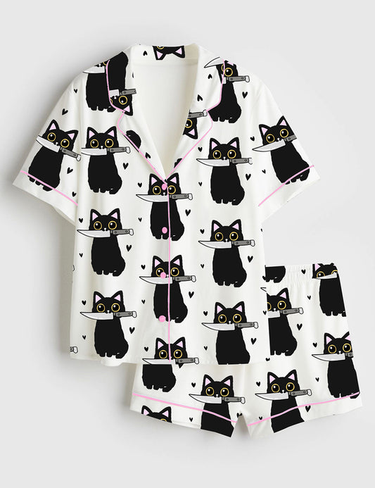Women’s Halloween Black Cat With Knife Short Sleeve Satin Pajama Set