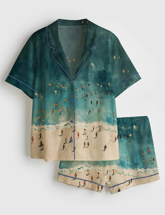 Women’s Tiny People Swimming In Ocean Summer Beach Travel Short Sleeve Satin Pajama Set