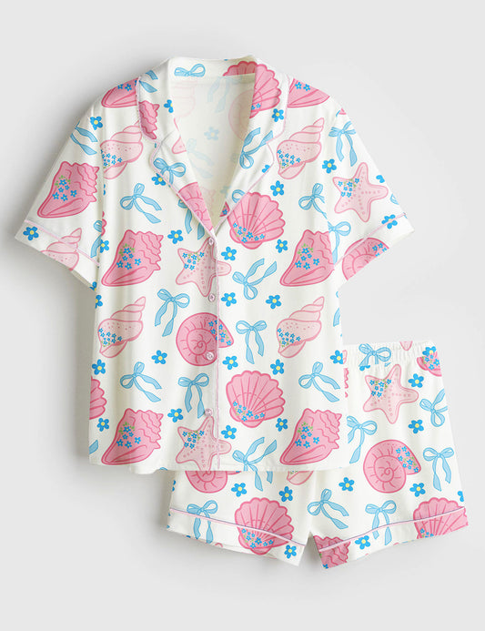 Women’s Pink Seashells Scallops Coquette Bow Pastel Coastal Beach Short Sleeve Satin Pajama Set