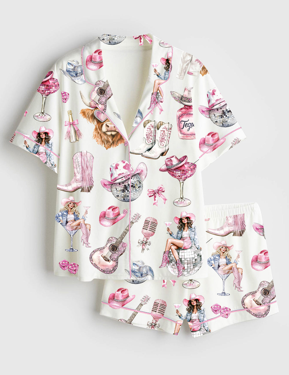 Women's Western Cowgirl Highland Cow Short Sleeve Satin Pajama Set