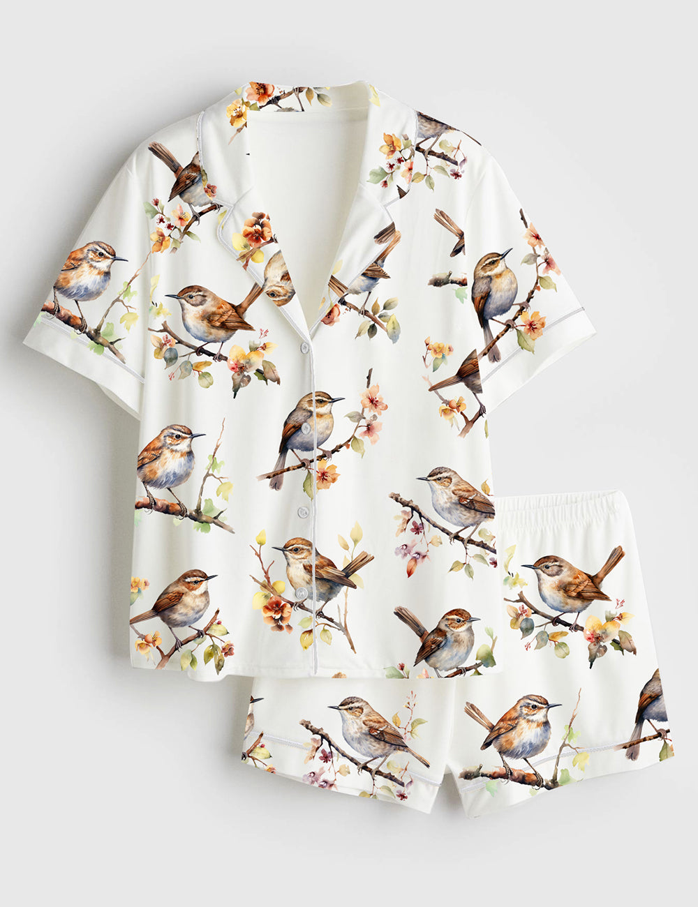 Women’s Wren Bird Nature Wildlife Short Sleeve Satin Pajama Set