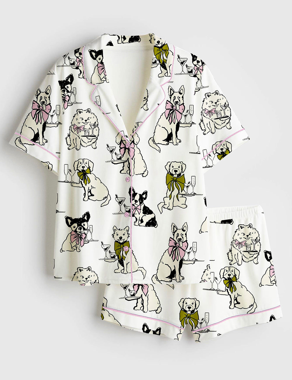Women’s Festival Martini Drinks Clip Hand Drawn Martini Glass With Bartender Dog Print Short Sleeve Satin Pajama Set