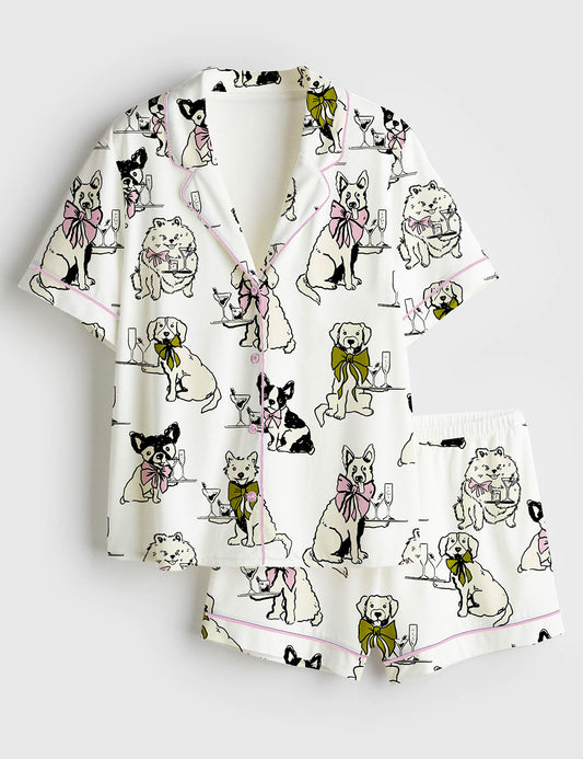 Women’s Festival Martini Drinks Clip Hand Drawn Martini Glass With Bartender Dog Print Short Sleeve Satin Pajama Set