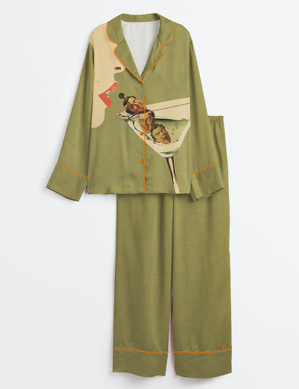 Women’s Beautiful Girl Drinking Martini Cocktail Wine Long Sleeve Satin Pajama Set