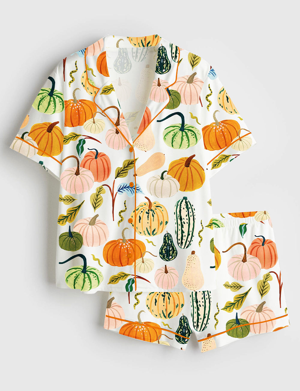 Women’s Watercolor Pumpkins Fall Season Fall Leaves Girl Pumpkin Spice Autumn Pumpkin Halloween Short Sleeve Satin Pajama Set