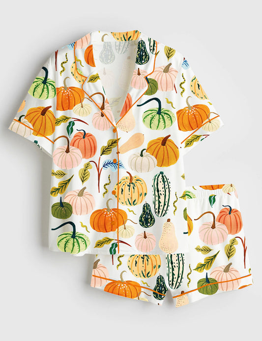 Women’s Watercolor Pumpkins Fall Season Fall Leaves Girl Pumpkin Spice Autumn Pumpkin Halloween Short Sleeve Satin Pajama Set