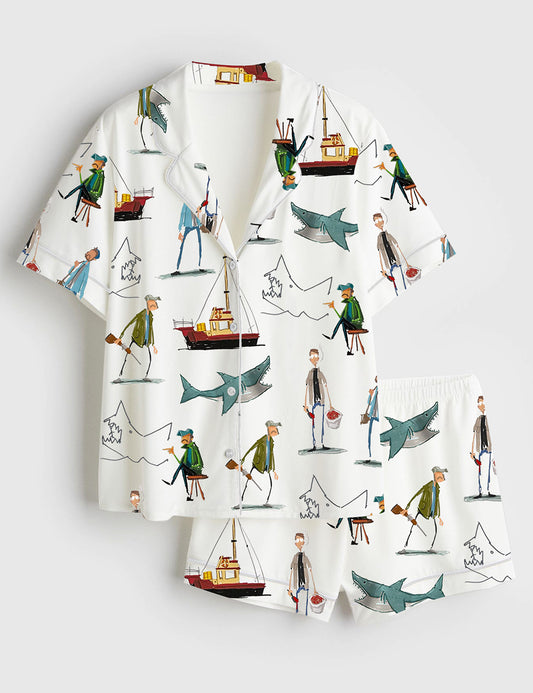 Women’s Shark Movie Amity Island Sea Travel Short Sleeve Satin Pajama Set