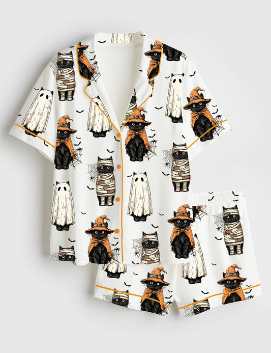 Women’s Black Cat Pumpkin Ghosts Cat Halloween Short Sleeve Satin Pajama Set