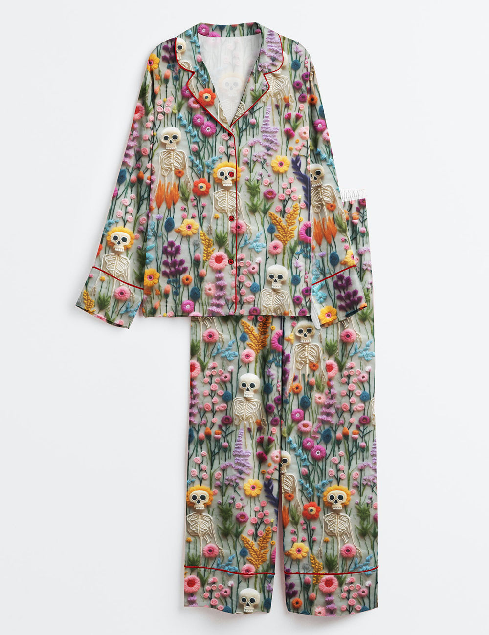 Women's Vintage Skeletons in Bloom Floral Charm Long Sleeve Satin Pajama Set
