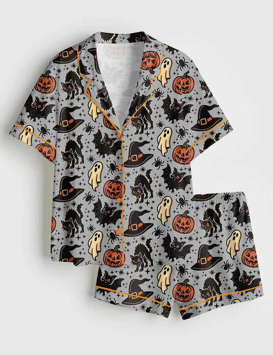 Women’s Halloween Spooky Ghosts Bats Cats Pumpkins Witch Short Sleeve Satin Pajama Set