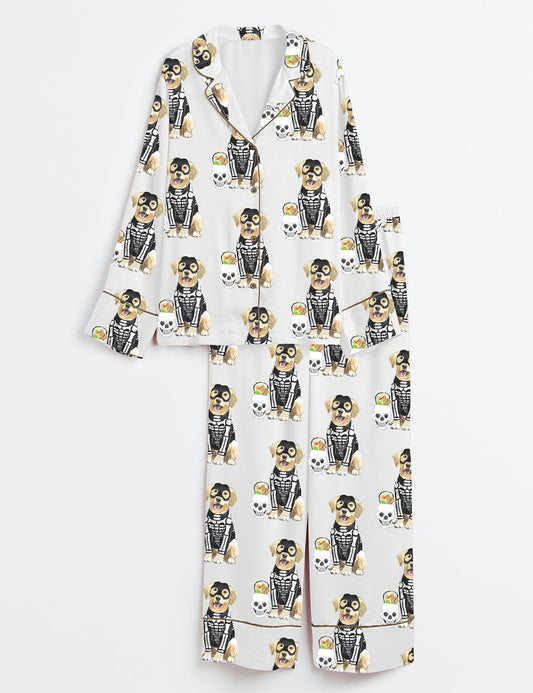 Women’s Skeleton Puppy Wearing Mask Halloween Dog Long Sleeve Satin Pajama Set