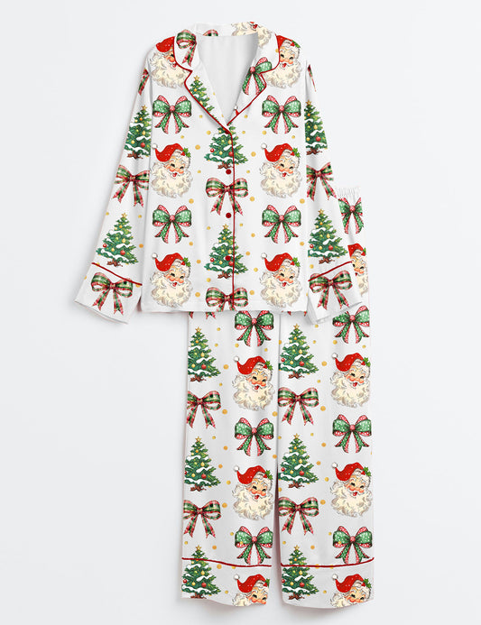 Women’s Coquette Christmas Santa Christmas Tree On Gold Dots Long Sleeve Satin Pajama Set