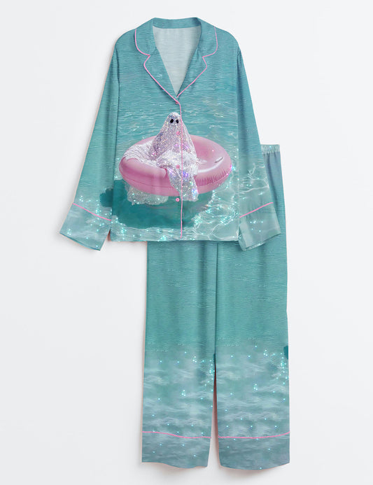 Women’s Shining Ghost Sitting On The Lake Halloween Long Sleeve Satin Pajama Set
