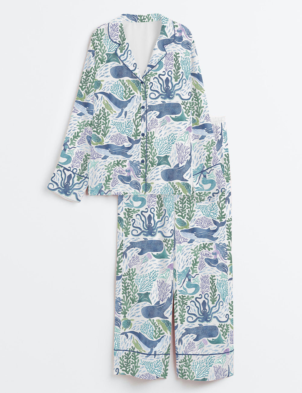 Women’s Ocean Animals Watercolor Whale Ocean Mermaid Art Print Long Sleeve Satin Pajama Set