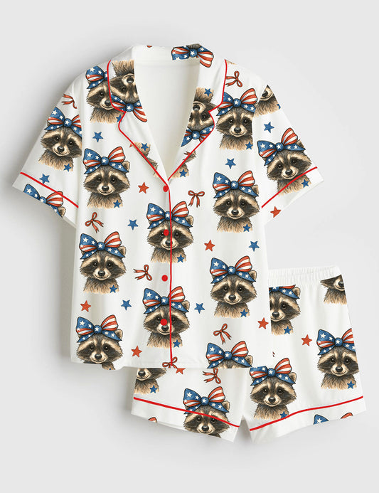 Women’s 4th Of July America Funny Cute Baby Highland Cow Print Short Sleeve Satin Pajama Set