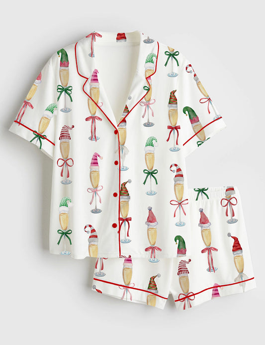 Women’s Christmas Champagne Santa Bow Drink Short Sleeve Satin Pajama Set