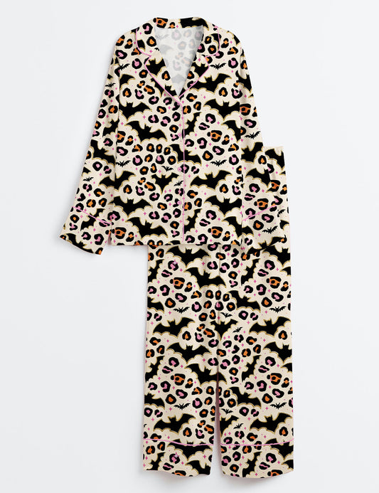 Women’s Halloween Bat Leopard Long Sleeve Satin Pajama Set