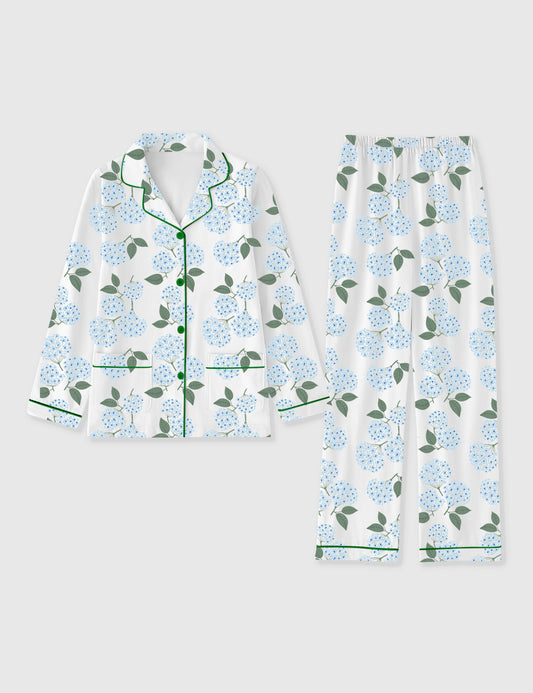 Women's Blue Hydrangea Nantucket Cottage Long Sleeve Pocket Cotton Pajama Set