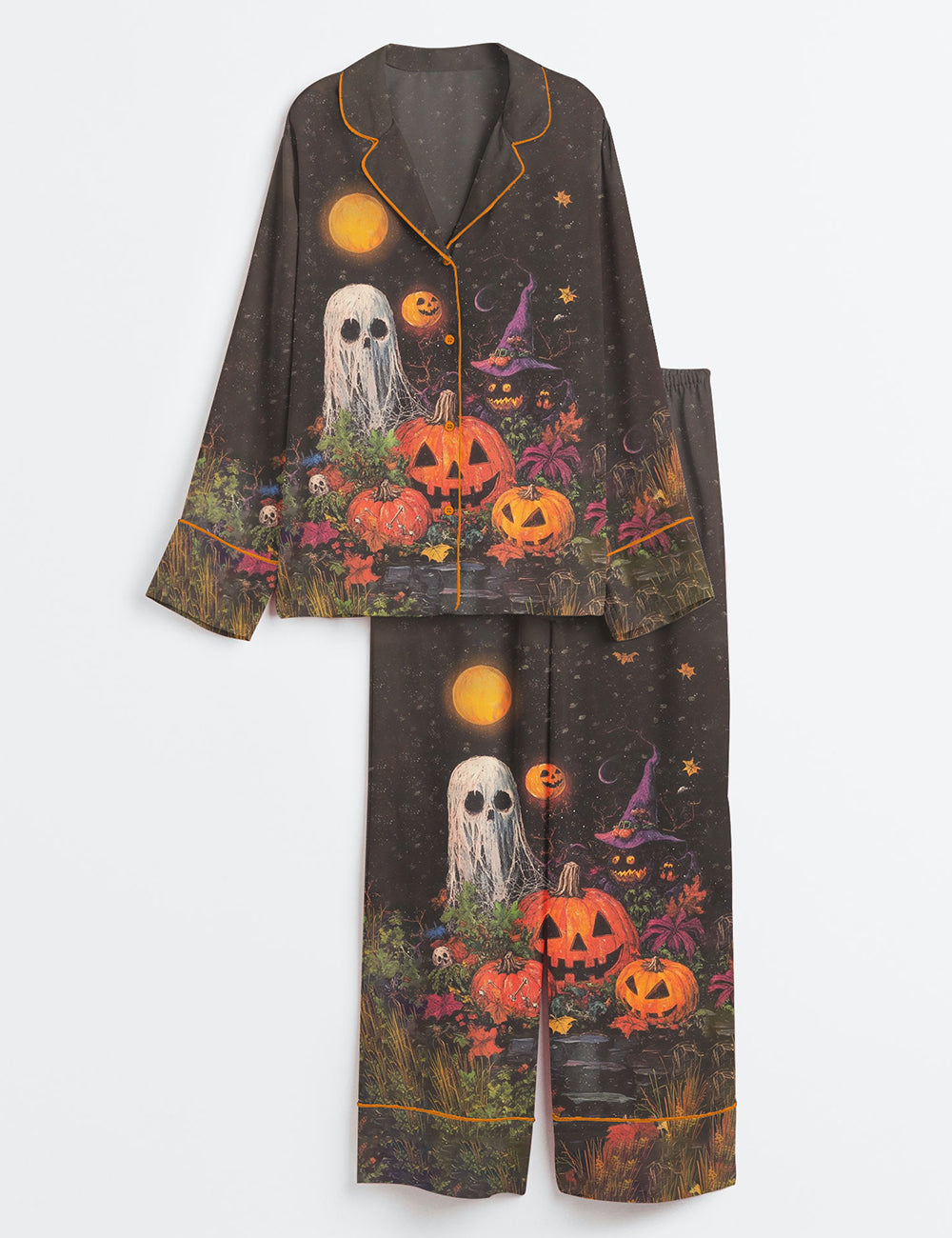 Women’s Ghosts And Pumpkins In The Dark Moon Night Halloween Long Sleeve Satin Pajama Set