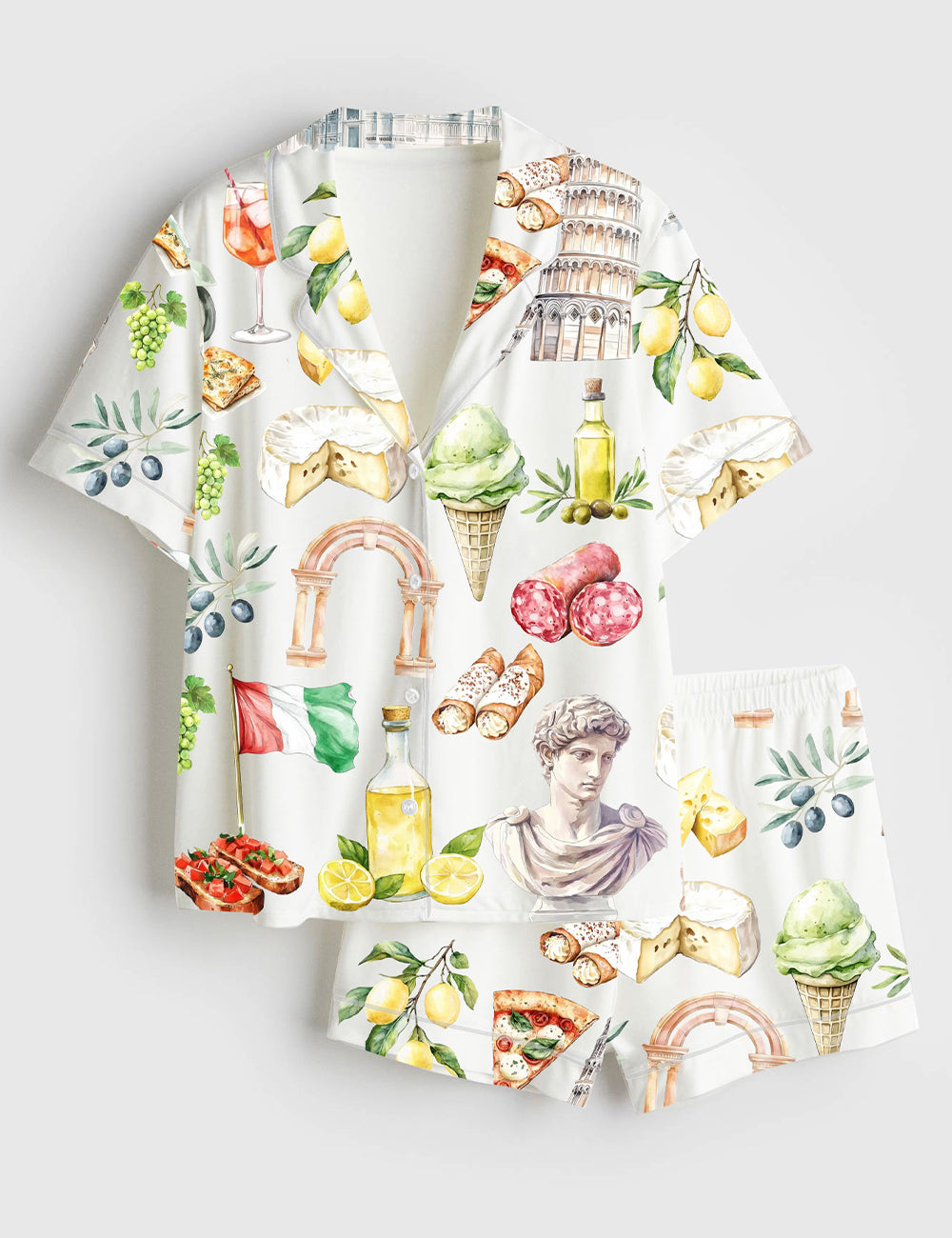 Women’s Watercolor Italy Mediterranean Summer Amalfi Coast Rome Italian Food Olives Lemons Pizza Pasta Print Short Sleeve Satin Pajama Set