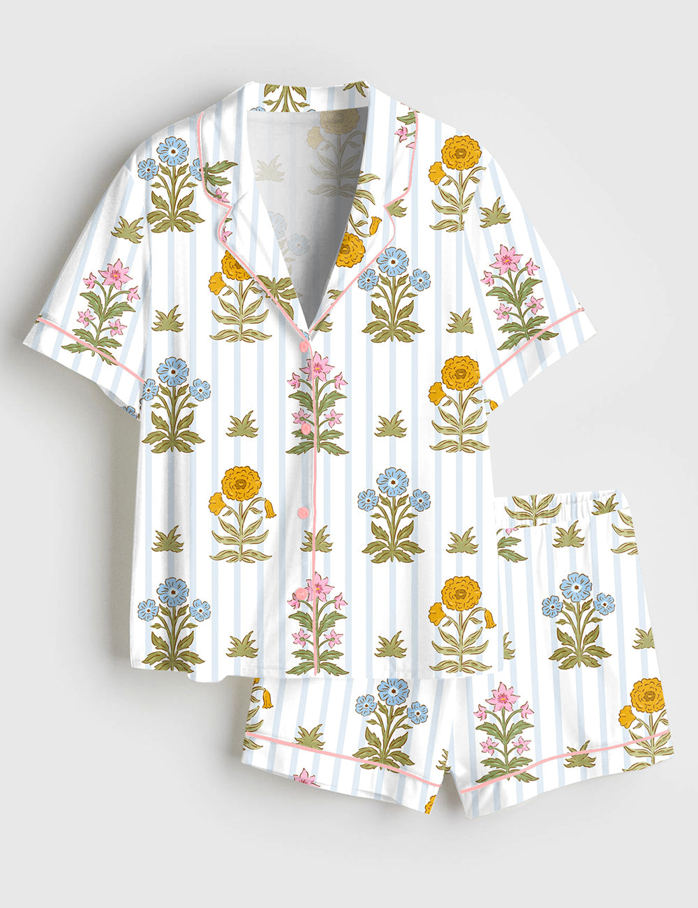 Women’s Florals And Sripes Short Sleeve Satin Pajama Set