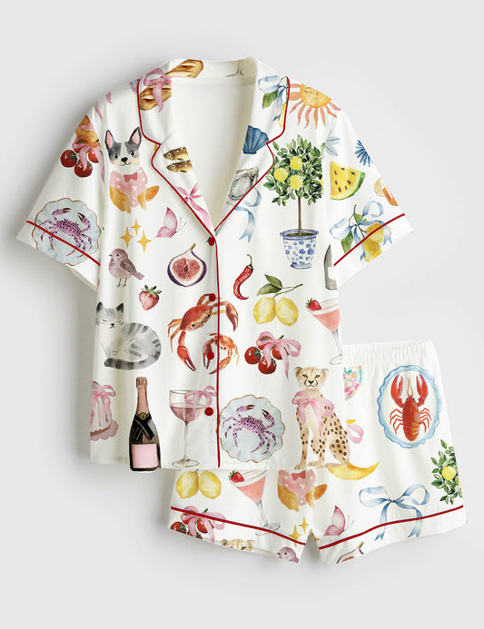 Women’s Whimsical Wedding Dolce Vita Wedding Coquette Mediterranean Print Short Sleeve Satin Pajama Set