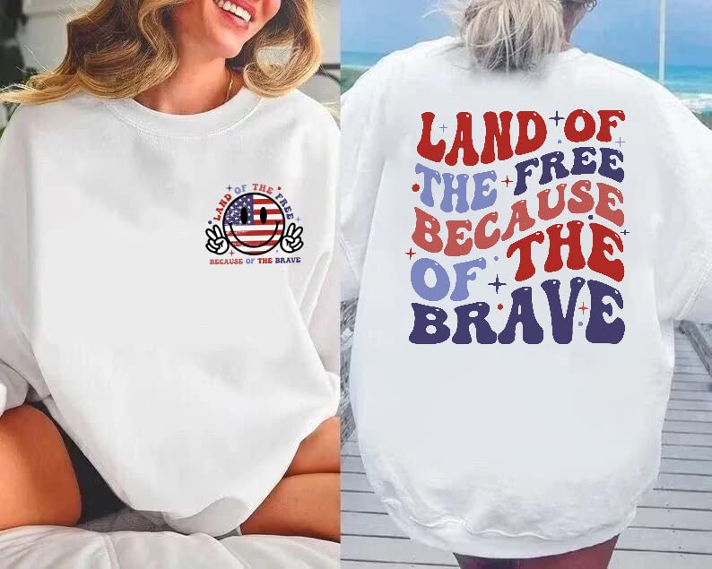 America Land Of The Free Because Of The Brave Tshirt, Fourth Of July Shirts For Women, Crewneck Sweatshirts, 4th Of July Outfits For Women Trendy, American Flag Shirt, USA Plus Size Patriotic Tees1