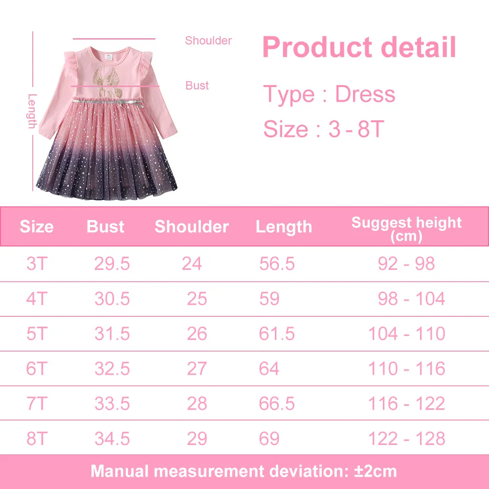 Girls Sequined Dresses Children Unicorn Print Dress Long Sleeve Birthday Party Dress Toddlers Girls Tulle Princess Dresses
