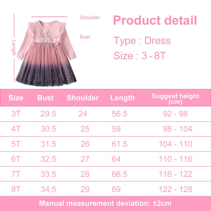 Girls Sequined Dresses Children Unicorn Print Dress Long Sleeve Birthday Party Dress Toddlers Girls Tulle Princess Dresses