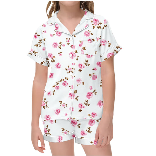 Auroural Toddler Girl Pajamas 3T Girls Button Front Pajama Top & Shorts Set,Flower Print? 2-Piece, Sizes 2-14 & Plus