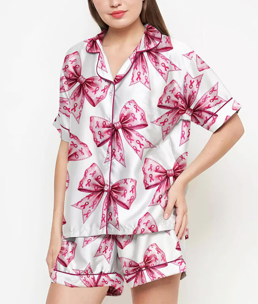 Breast Cancer Gifts, Breast Cancer Shirt, Pajamas Satin Set, Breast Cancer Awareness, Coquette Gift, Gift For Women, Pink Ribbon