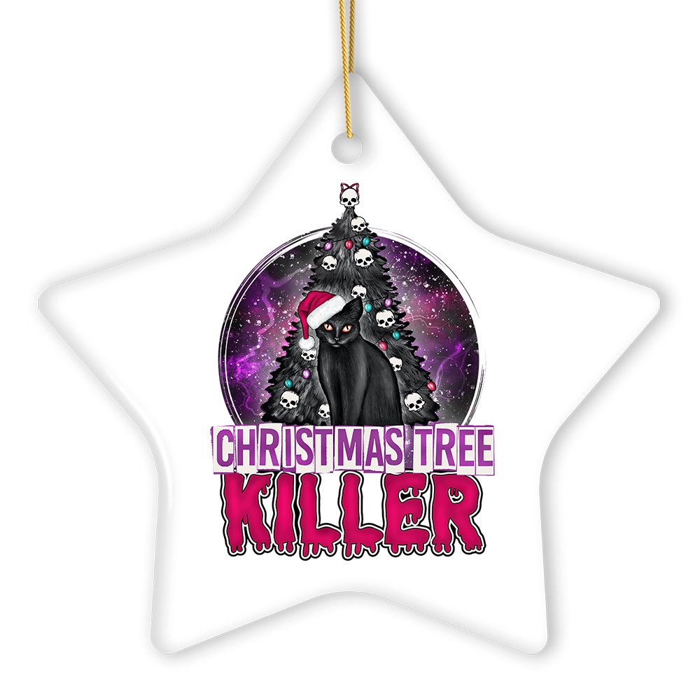 Black Cat Christmas Tree Killer Funny Emo Ornament, Spooky and Creepy Holiday Decor