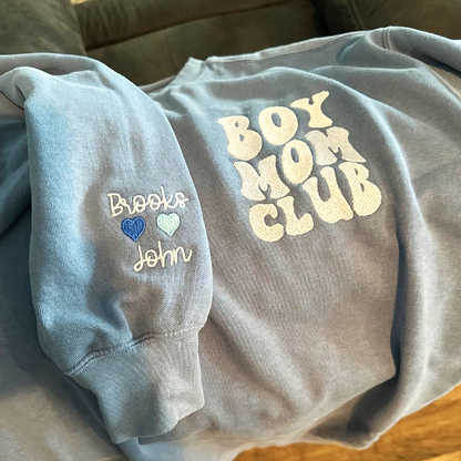 Boy Mom Club Sweatshirt or T-Shirt with Embroidered Kids Names on Sleeve