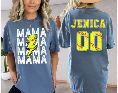 comfort colors Personalized Softball Mom Shirt, Custom Mama Softball Tee,Child Name & Number Softball Game Season Shirt,Game day Sports Mama