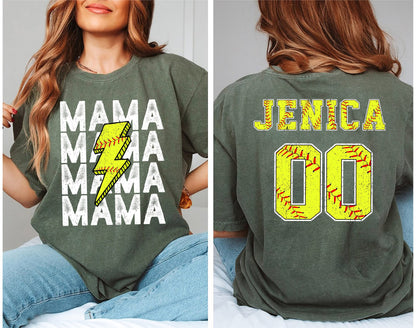 comfort colors Personalized Softball Mom Shirt, Custom Mama Softball Tee,Child Name & Number Softball Game Season Shirt,Game day Sports Mama