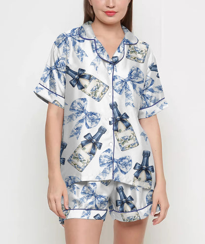 Coquette Champagne Pajamas Satin Set, Blue Floral Bows Shirt, Mother's Day Gift, Birthday Gift,Pjs For Women, Bridesmaid Gifts, Bachelorette