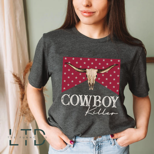 Léine Killer Cowboy, Léine an Iarthair, Bronntanas an Deiscirt, Cailín Tuaithe, T-léine tíre, Vintage Tee, Léine Bó Retro Cowgirl, Léine Boho 1