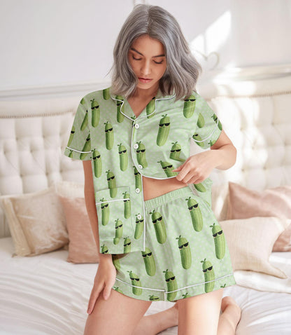 Cucumber Satin Pajamas Set, Green Vegetable Women Pajamas, Bridesmaids Matching PJs, Gardeners And Foodies Pjs Set, Bridal Shower Gifts
