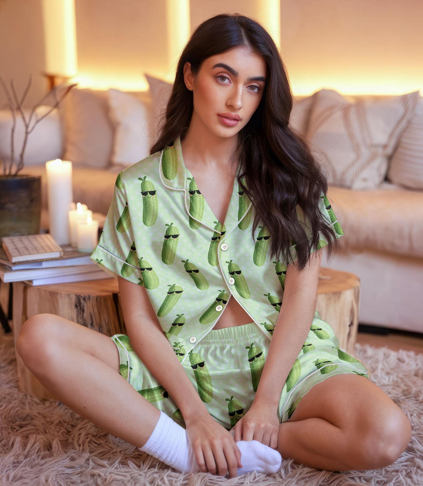 Cucumber Satin Pajamas Set, Green Vegetable Women Pajamas, Bridesmaids Matching PJs, Gardeners And Foodies Pjs Set, Bridal Shower Gifts