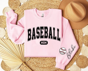 Custom Baseball Mom Crewneck with Name On A Sleeve Sweatshirt, Personalized Baseball Shirt, Gift for Mom, Baseball Mom Hoodie, Game Day