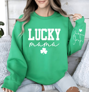 CUSTOM One Lucky Mama Shirt with Kid Names on Sleeve, St. Patrick's Day Mom Sweater, Personalized Irish Mother Gift, Pregnancy Reveal
