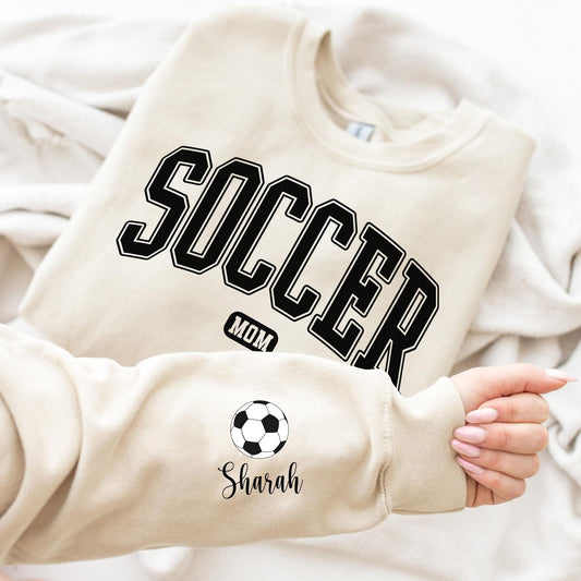 Custom Soccer Mom Crewneck with Name On A Sleeve Sweatshirt, Custom Soccer Sweatshirt, Soccer Mom Hoodie, Team Soccer Tee, Gift for Mom