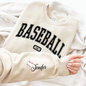 Custom Baseball Mom Crewneck with Name On A Sleeve Sweatshirt, Custom Baseball Sweatshirt, Baseball Mom Hoodie, Game Day, Gift for Mom